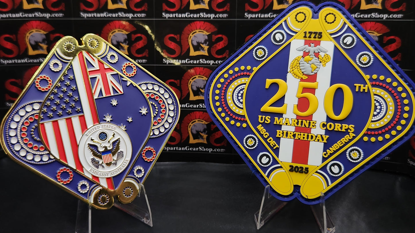 UNITED STATES MARINE CORPS 250TH BIRTHDAY AUSTRALIAN EMBASSY COIN AND PATCH