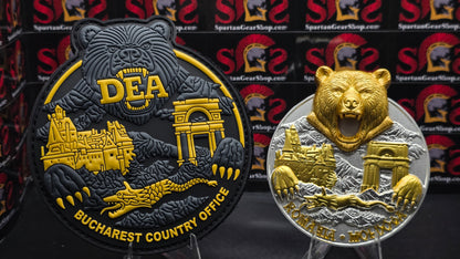 LIMITED MATTE 3" DEA BUCHAREST ROMANIA COUNTRY OFFICE COIN AND PATCH COMBO