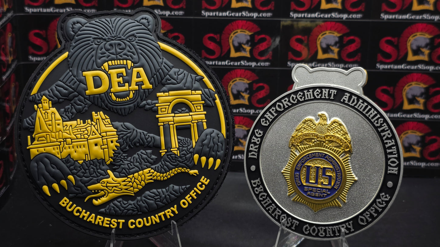 LIMITED MATTE 3" DEA BUCHAREST ROMANIA COUNTRY OFFICE COIN AND PATCH COMBO