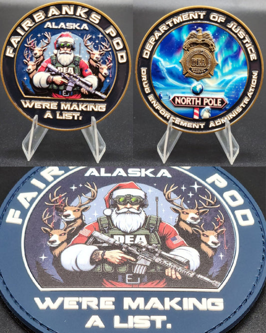 1 PER CUSTOMER: DEA FAIRBANK ALASKA SANTA: 1 COIN AND 1 PATCH COMBO