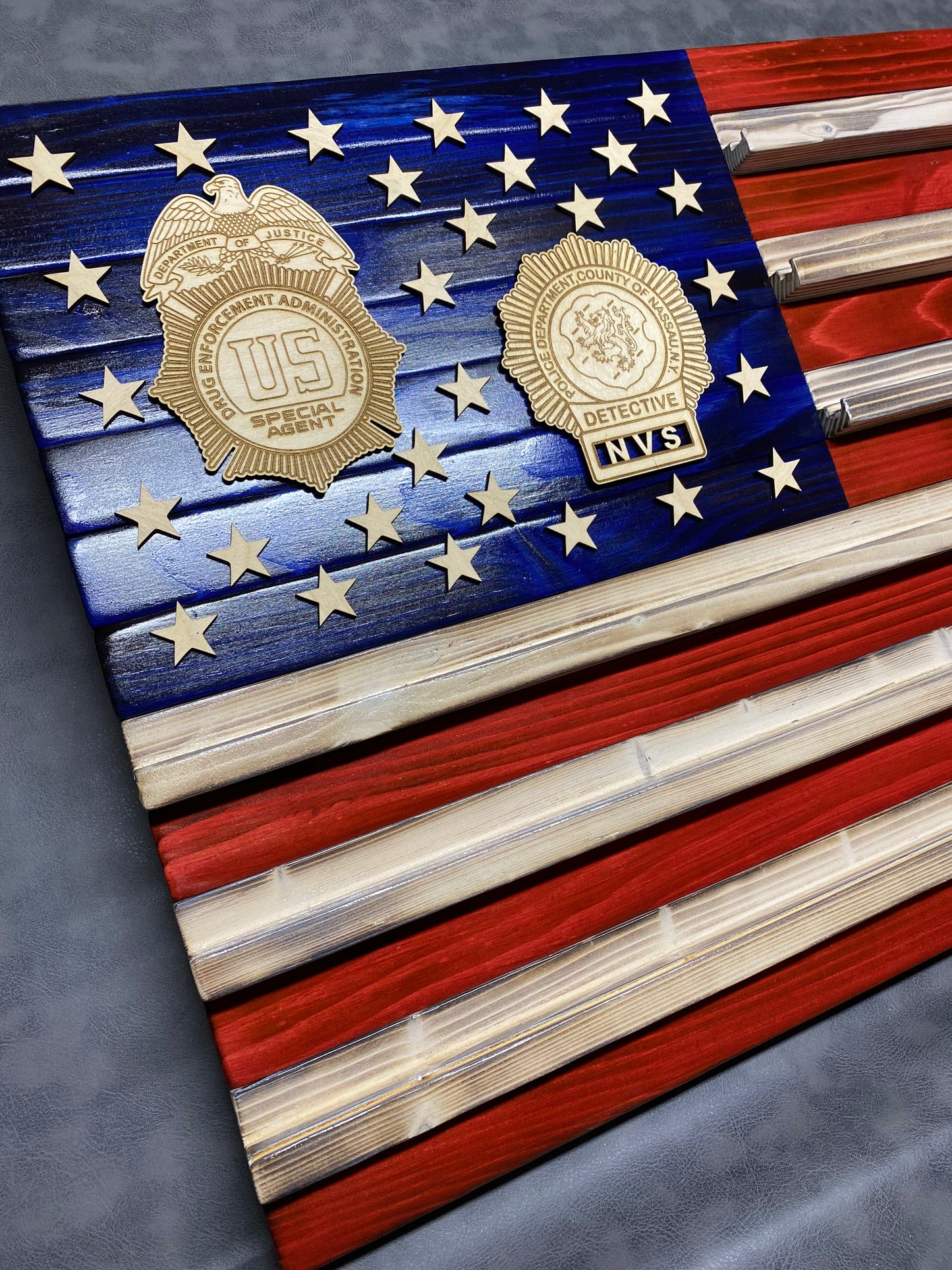 ALL NEW! Coin Display Wooden Flags +1  CUSTOM BADGE (Free Shipping within USA)