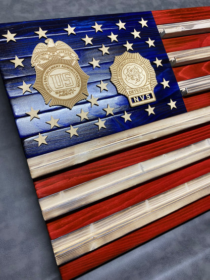 ALL NEW! Coin Display Wooden Flags +1  CUSTOM BADGE (Free Shipping within USA)
